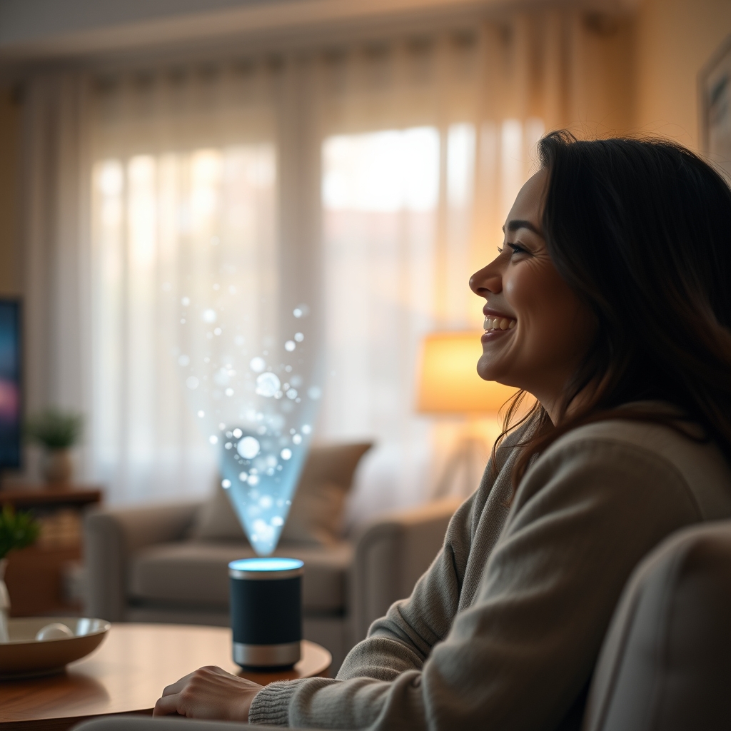 A cozy, softly lit living room where a person smiles at a smart speaker, with gentle light particles floating in the air, symbolizing harmonious data exchange.