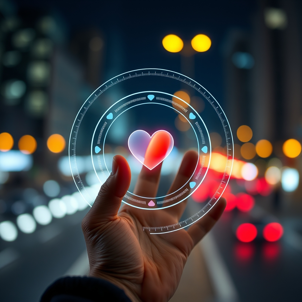 A futuristic, transparent touch interface showing a simple heart icon between a user's hand and a brand logo, against a blurry background of city lights at night.
