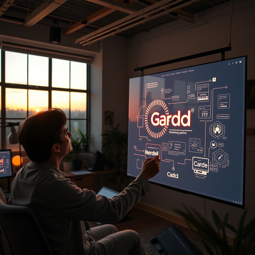 A warm, inviting studio at dusk, with a human designer and a glowing AI interface on a large screen collaboratively sketching a brand's logo and vision on a digital canvas.
