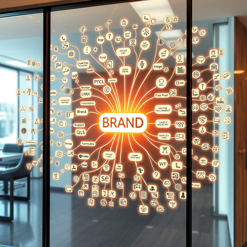 A vibrant mind map glowing on a glass wall, with a central brand idea branching out into countless creative directions for logo, typography, and color, illustrated with simple, elegant icons.