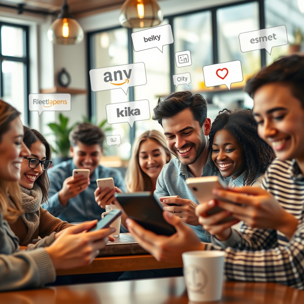 A diverse group of people smiling at their personalized devices, with unique brand interfaces and messages floating around them, symbolizing tailored customer experiences in a cozy, modern cafe setting.