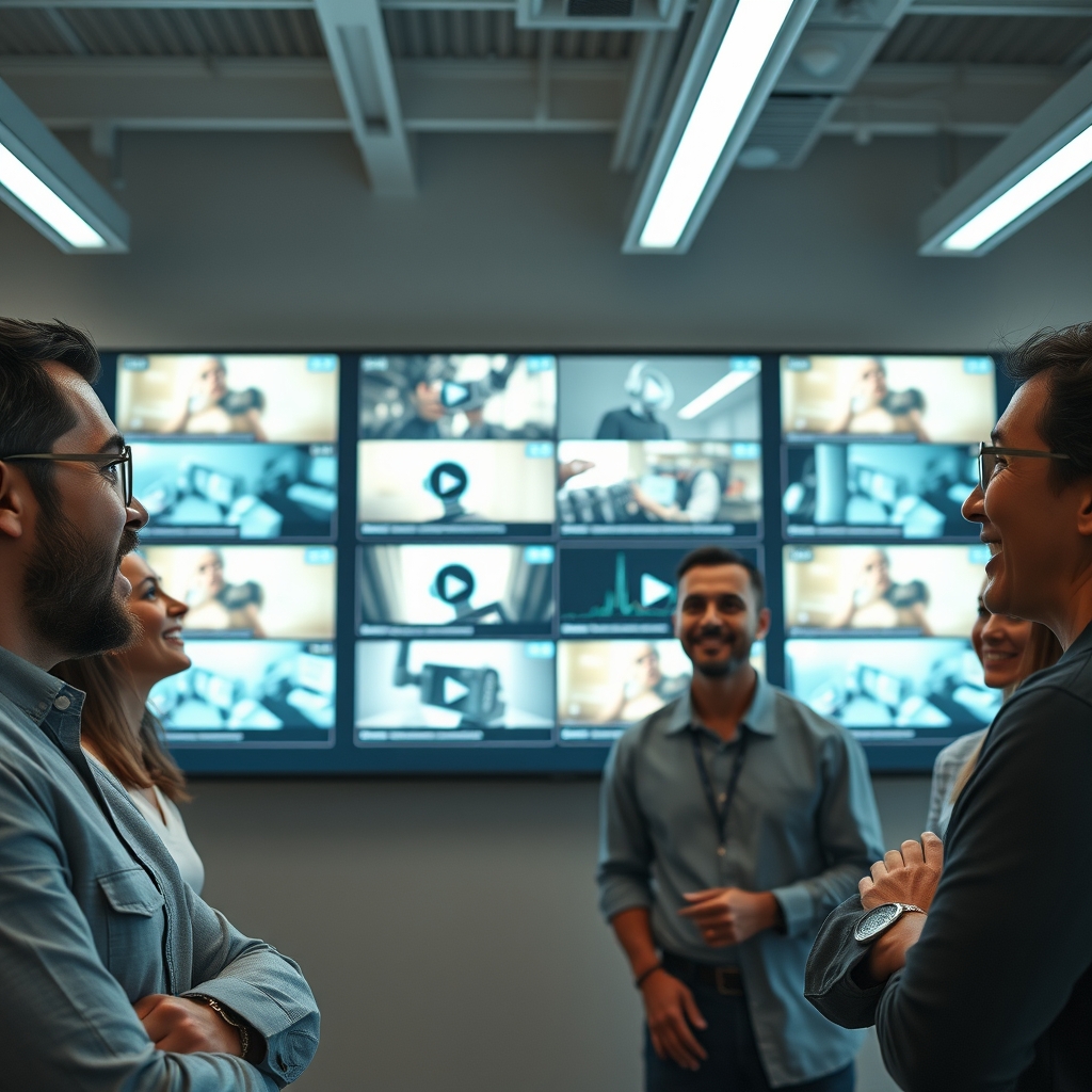 A marketer typing ideas into a sleek AI interface, with vibrant visual concepts and storyboards materializing on a large screen in a modern office.