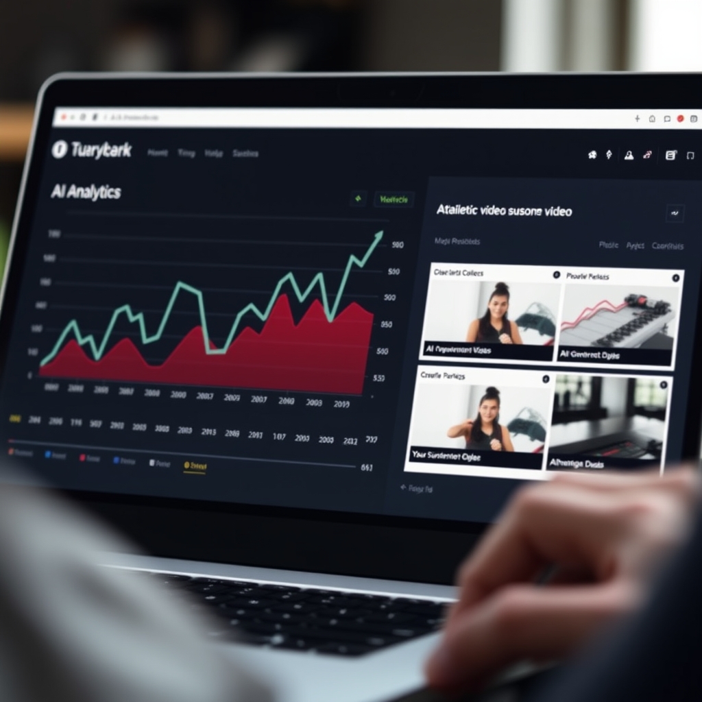 An analytics dashboard with video performance graphs overlaying a split-screen test of two different video thumbnails, in a data-focused control room.