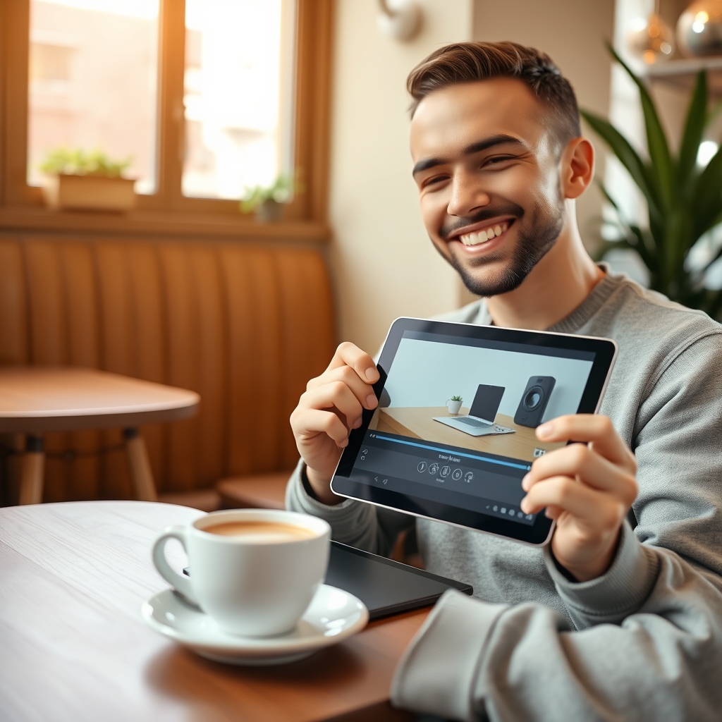 A diverse team of marketers celebrating as a finalized AI-assisted video campaign plays on multiple screens in a collaborative, futuristic workspace.
