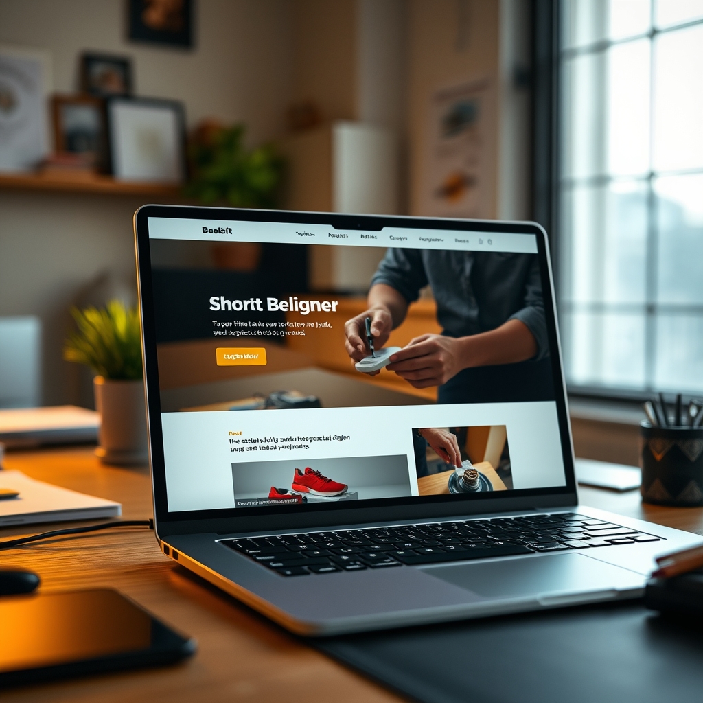 Close-up shot of a designer's desk, with a laptop showing a website hero section featuring a short, cinematic video of a person crafting a product by hand.