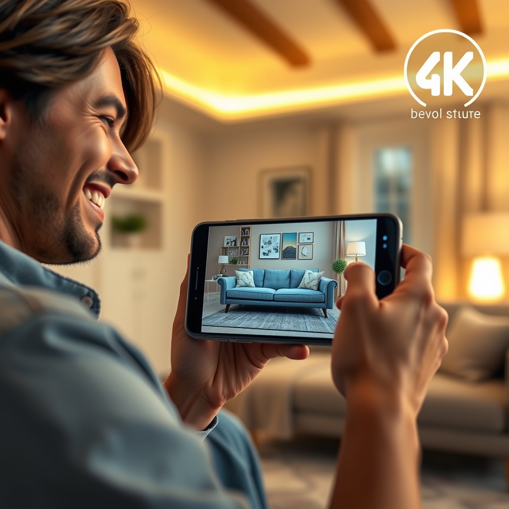 A person smiling while using their smartphone to see a virtual sofa placed in their living room through an AR app, with a brand logo subtly glowing in the corner.