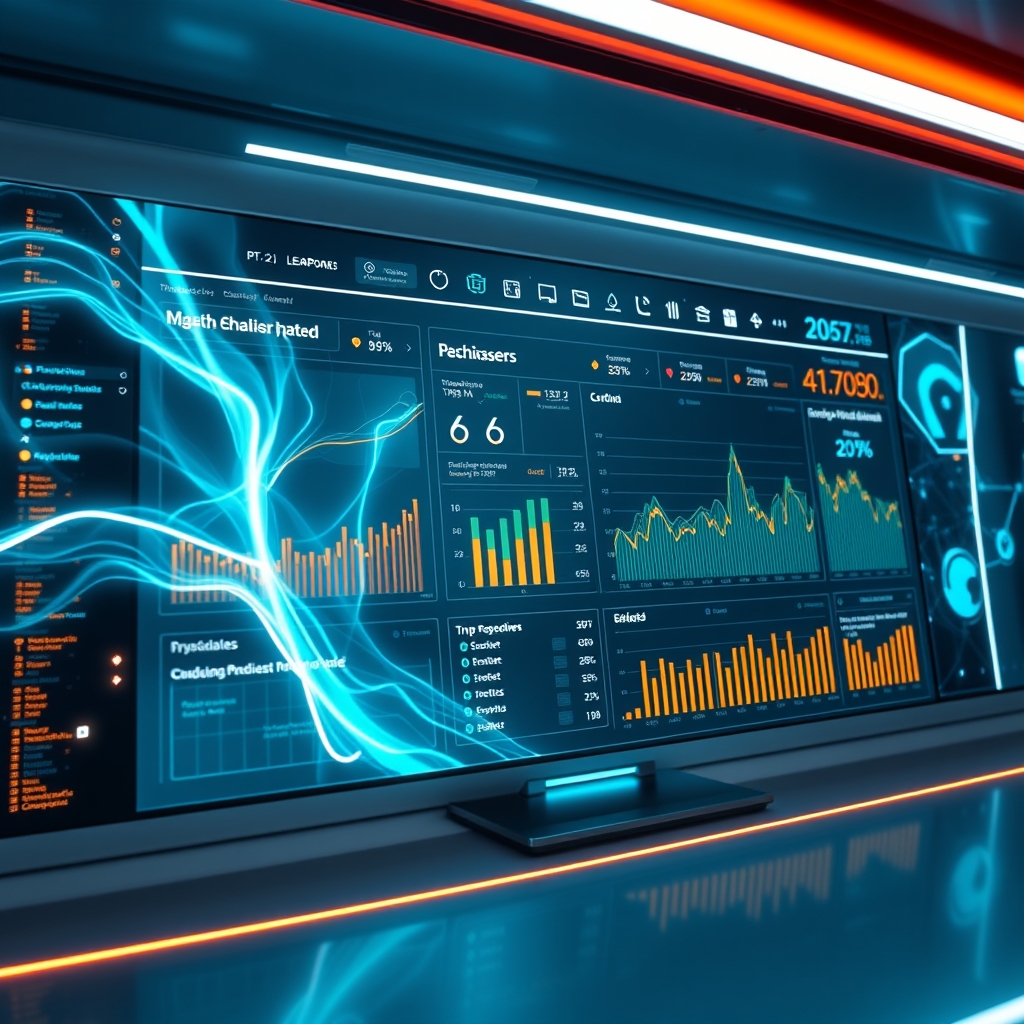A futuristic dashboard with flowing data streams and personalized recommendations glowing on a screen, symbolizing AI-driven personalization in a sleek, modern brand setting.