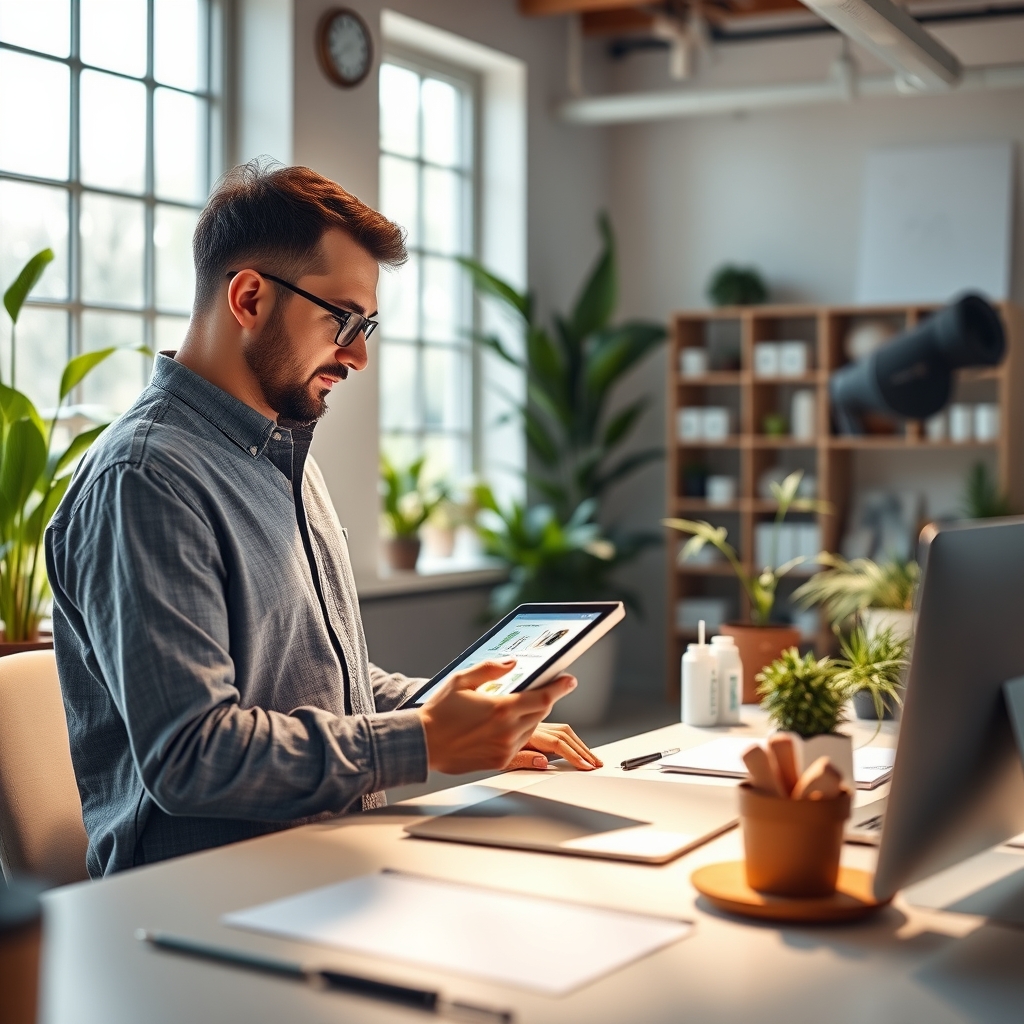 A clean, modern workspace where a designer uses a tablet to view eco-friendly packaging designs, with plants and natural light in the background, representing sustainable innovation.