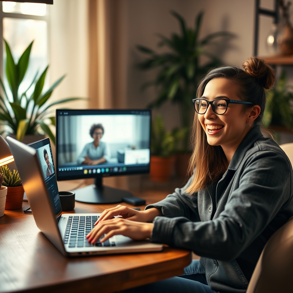 A content creator smiling warmly while editing a video on a laptop, with cozy lighting and plants in the background, conveying a sense of passion and connection.