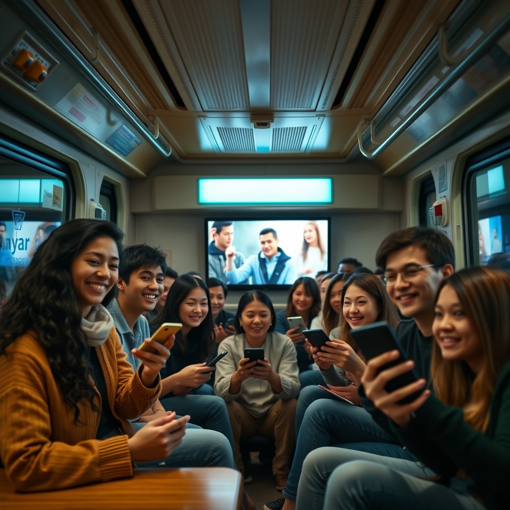A diverse group of people watching a video on their devices in different settings (a cafe, at home, on the subway), all smiling, representing a connected fandom.