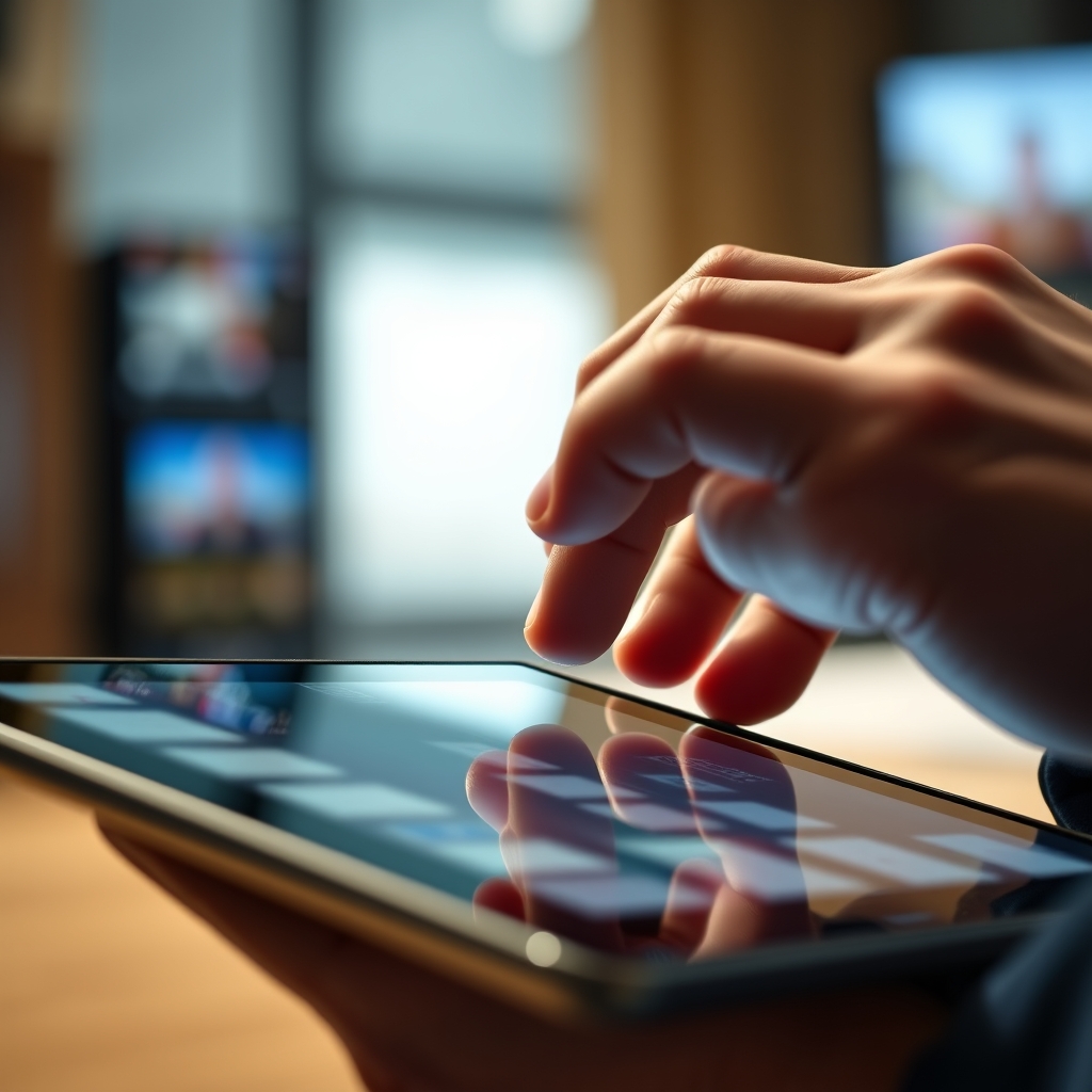 A close-up of a user's hand scrolling on a tablet, with on-screen video elements animating in sync with the scroll movement.