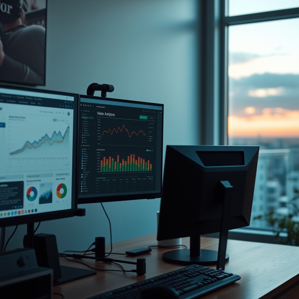 A designer's workspace with dual monitors, one showing a website video analytics dashboard and the other a serene video layout in progress.