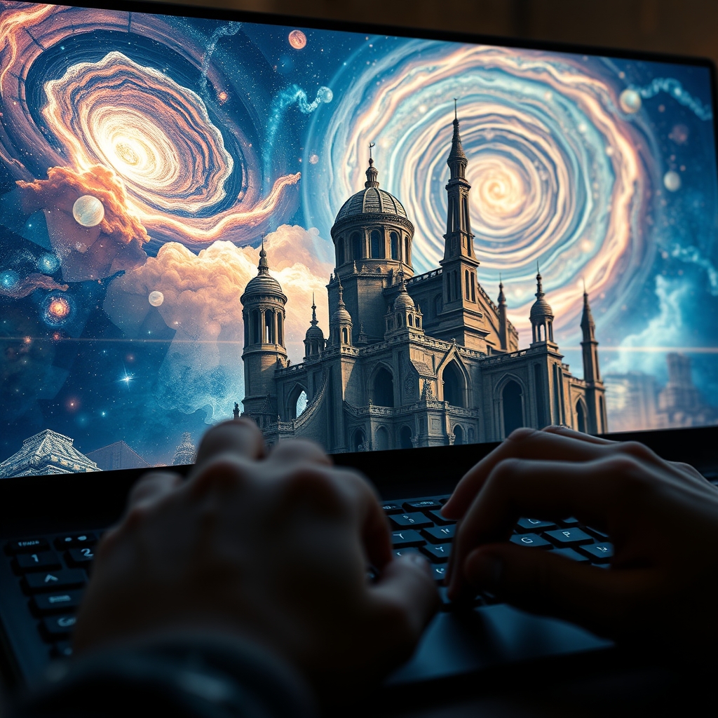 A person typing on a keyboard, with fantastical, swirling galaxies and intricate, impossible architecture materializing on the screen in real-time.