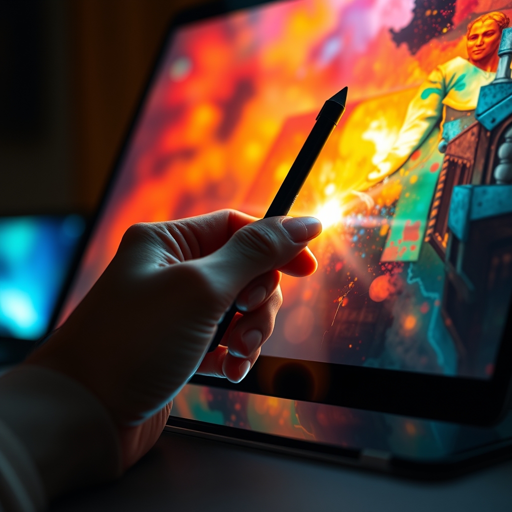 A designer's hand holding a stylus, touching a tablet screen. Where the stylus touches, vibrant, painterly textures and light bloom into a detailed, emotional scene that blends reality and fantasy.