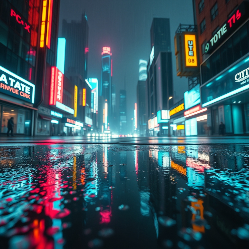 A breathtaking, hyper-realistic cinematic scene of a neon-lit cyberpunk cityscape reflected in a rain puddle, showcasing impossible camera angles and lighting that feels both familiar and utterly alien.