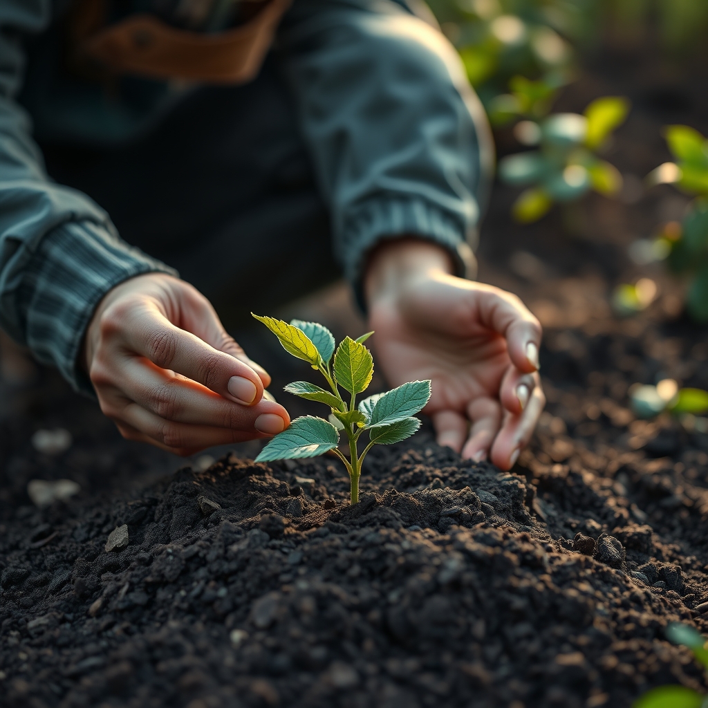 A gardener's hands gently tending to a small, glowing sapling in rich soil, symbolizing nurturing brand value.