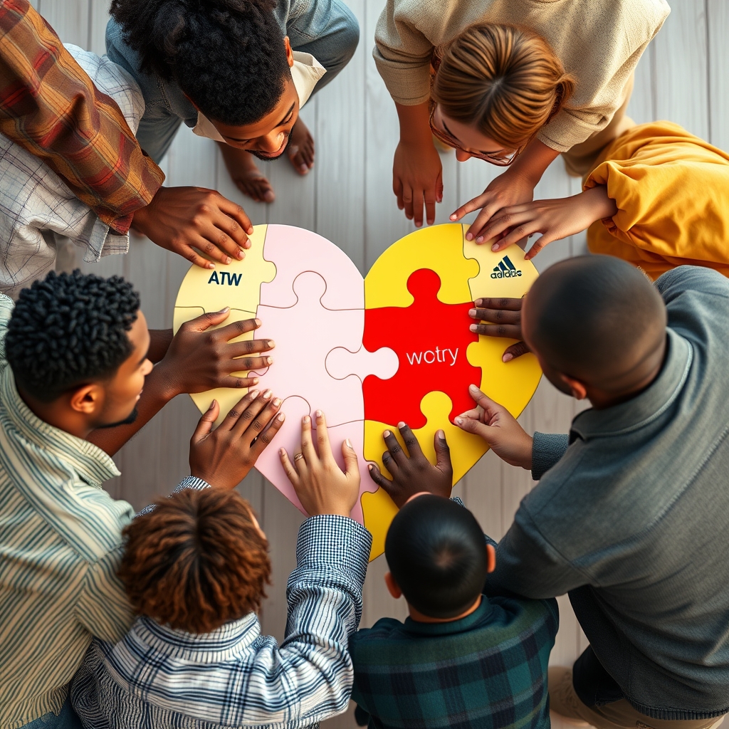 A diverse group of people connecting puzzle pieces that form a heart shape, representing community and shared brand stories.