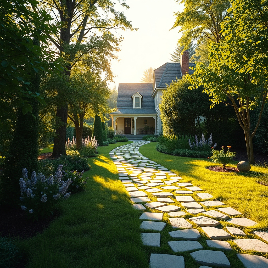 A winding path through a serene garden leading to a welcoming, sunlit cottage, metaphor for the journey customers take to a valued brand.