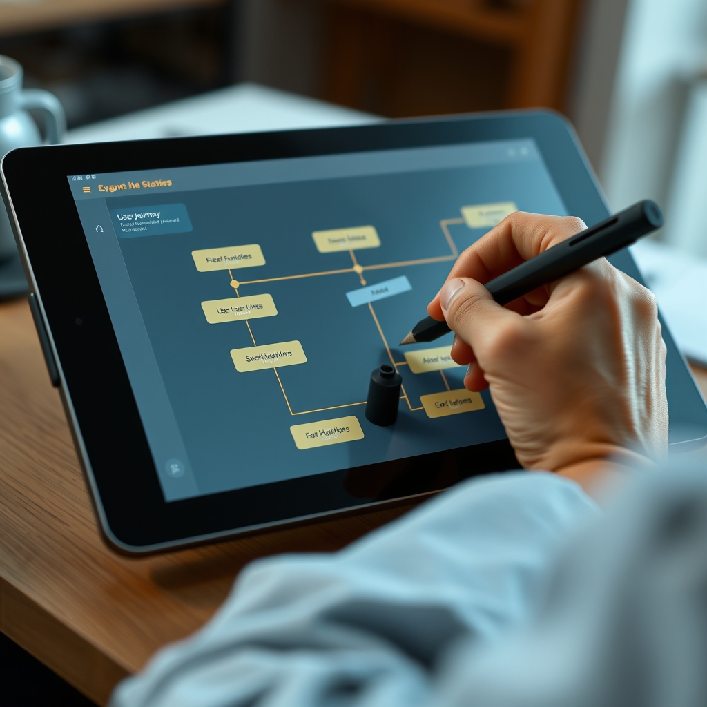 A close-up of a designer's hand using a graphics tablet, creating a smooth user journey flow chart that is both logical and visually elegant, with color-coded paths.