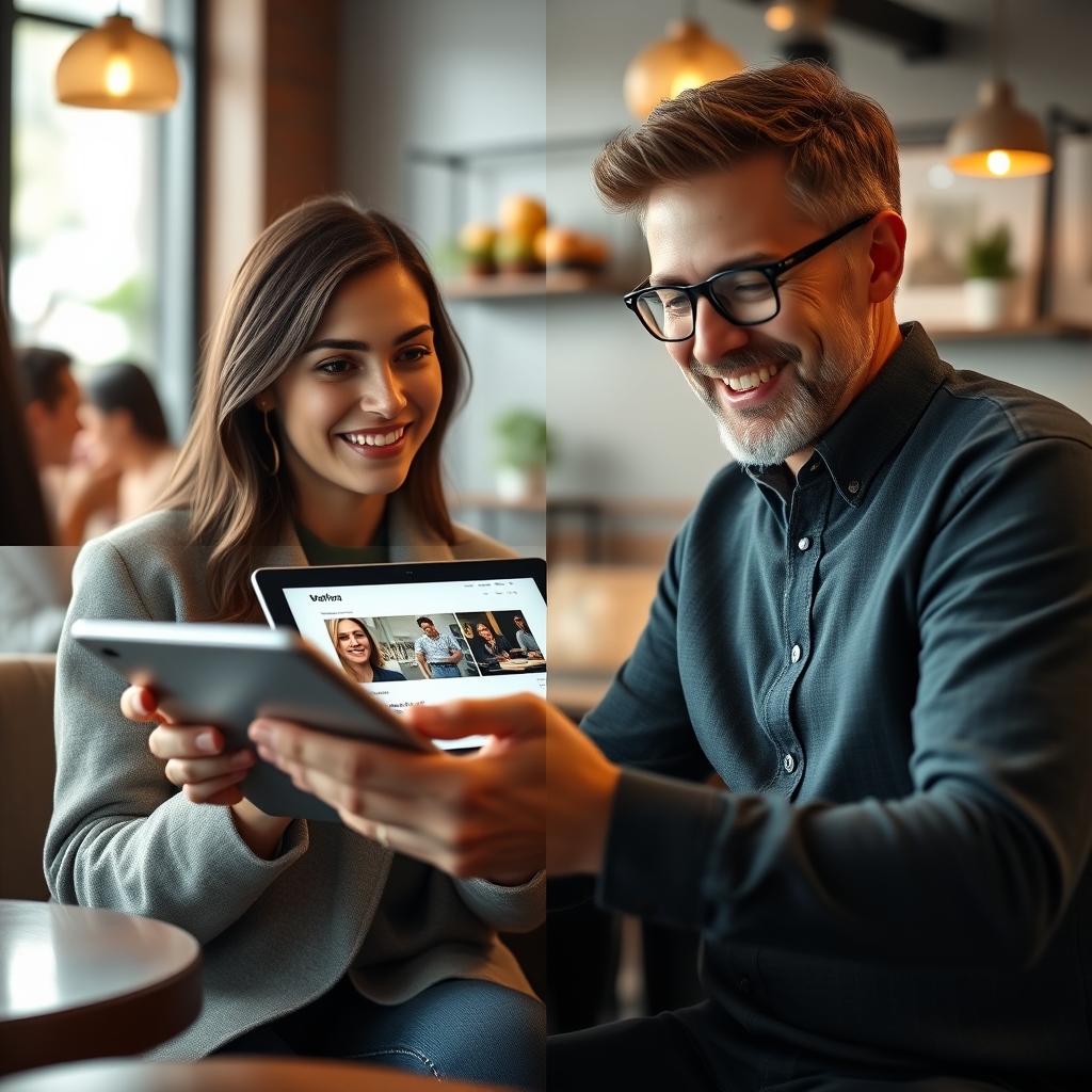 A split-screen image showing a satisfied user smiling while easily interacting with a stunningly designed website on a tablet, in a cozy, well-lit cafe setting.