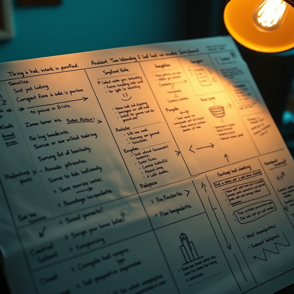 A close-up of a storyboard with handwritten notes, sketches, and arrows covering every inch of the paper, bathed in the warm glow of a desk lamp.