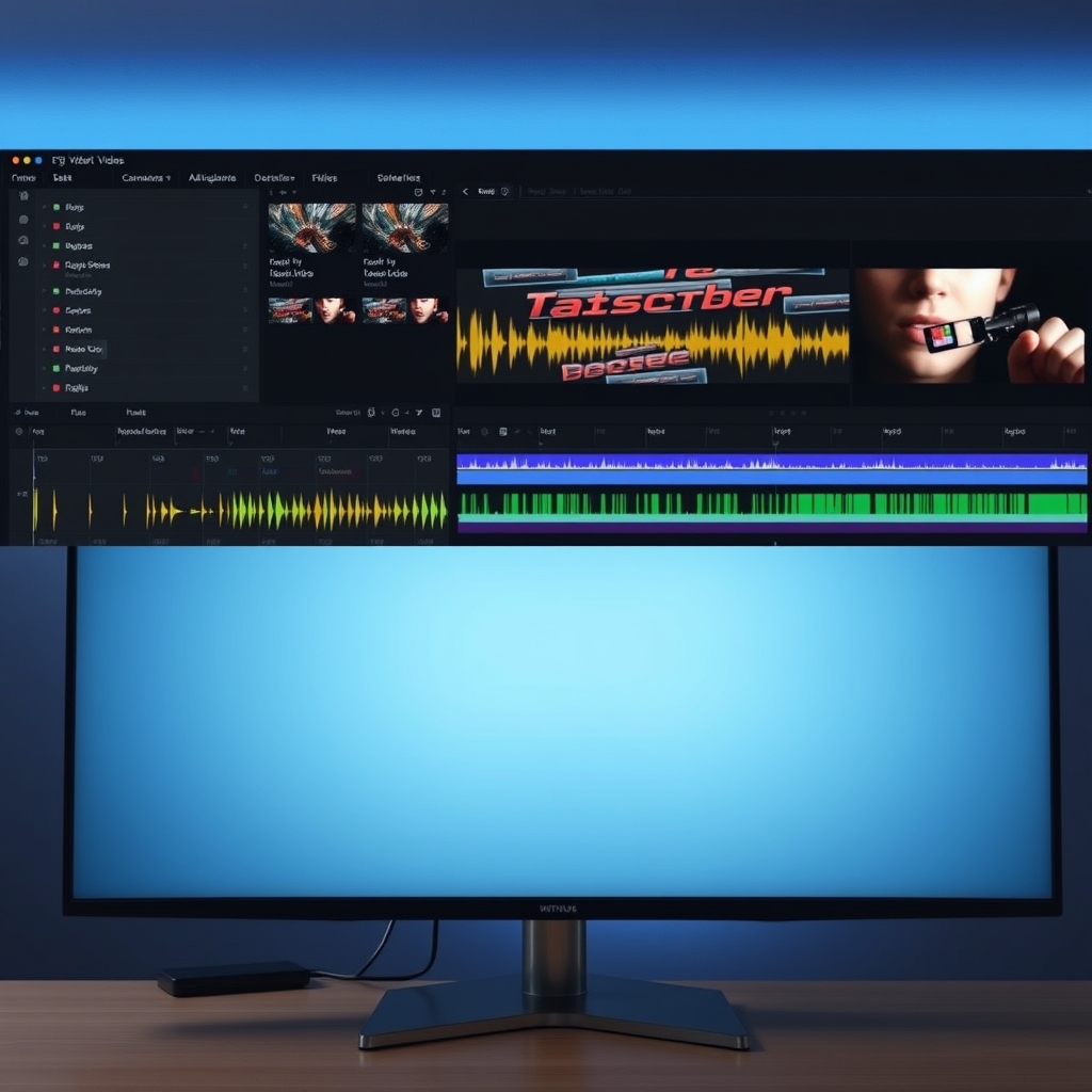 A split-screen showing a video editor's timeline densely packed with layers of audio, text, and effects, contrasted with the final serene and simple output on a monitor.