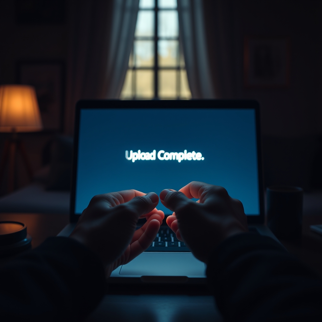 A person's hands gently cupping around the soft light emitted from a laptop screen showing a 'Upload Complete' message, in a cozy, dimly lit room.