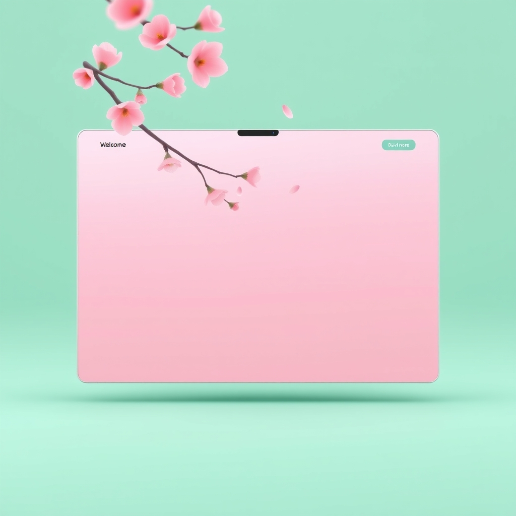 A clean website homepage with soft pastel pink and mint green colors, featuring subtle animated cherry blossom petals floating down from the top of the screen.