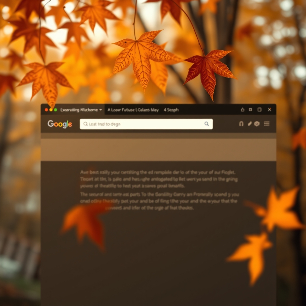 A cozy website interface in warm autumn tones of burnt orange and deep brown, with a few maple leaves falling slowly in the background as the user scrolls.