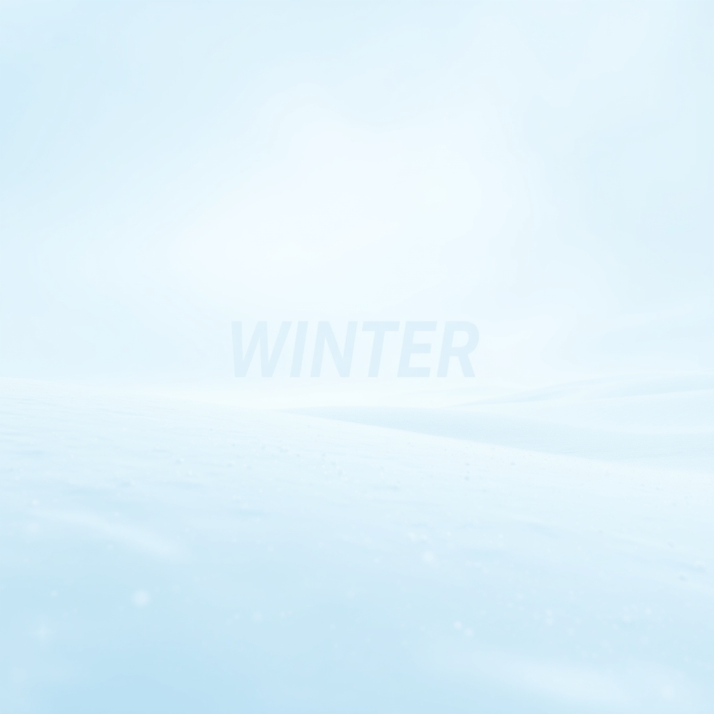 A minimalist winter-themed website with a cool white and silver color scheme, featuring subtle, twinkling star-like animations scattered across a dark blue header section.