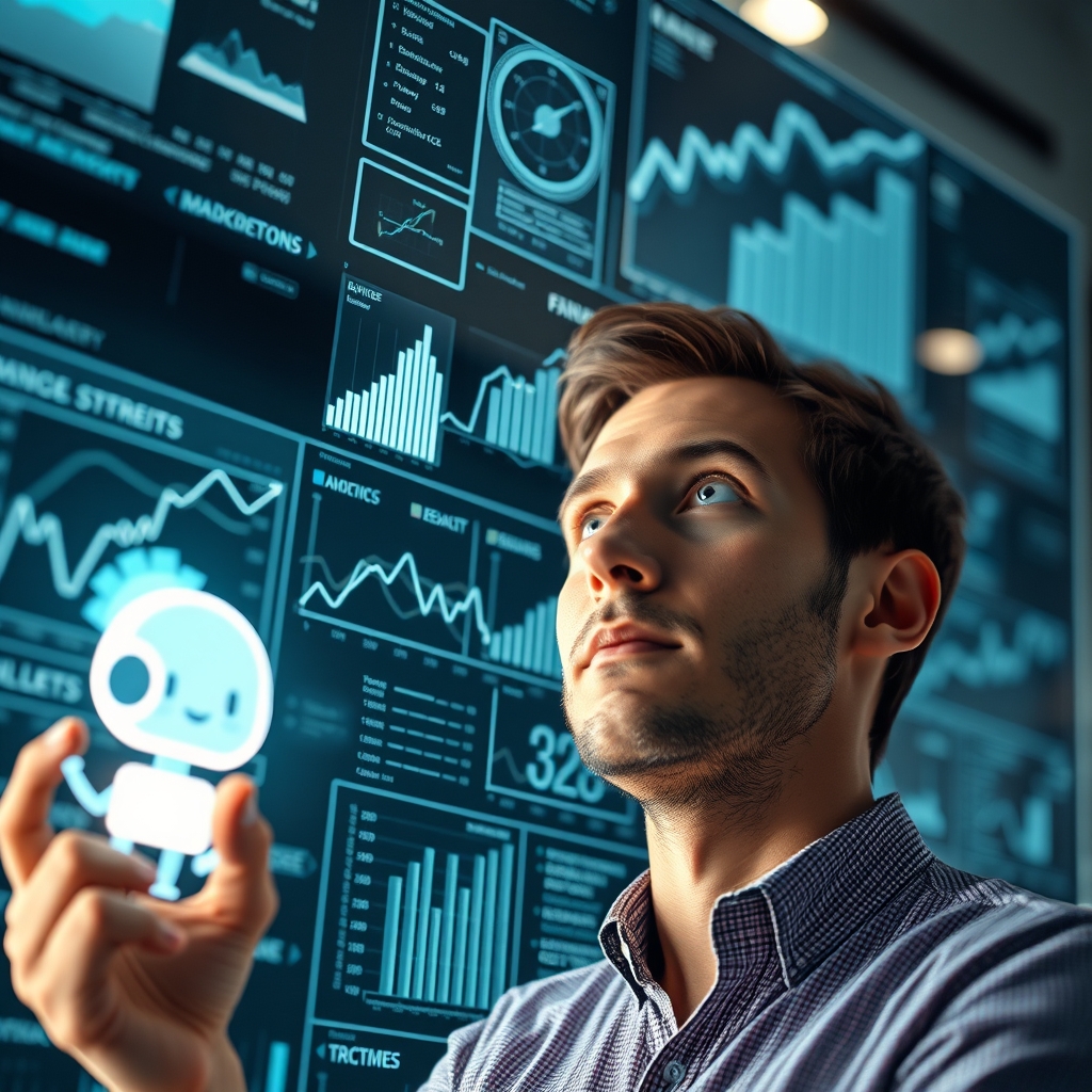 A marketer looking thoughtfully at a holographic screen filled with flowing data streams and analytics charts, with a friendly AI icon glowing softly beside them.