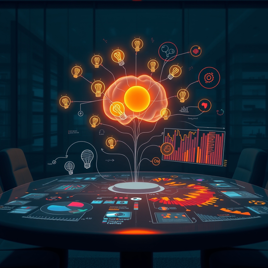 A creative brainstorming session where ideas from a human mind (shown as light bulbs) merge with AI-generated data visualizations on a glass table, creating a new, vibrant strategy map.