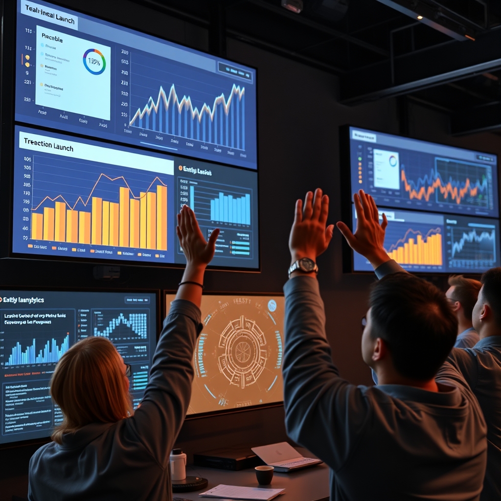 A successful launch moment shown on multiple screens - soaring real-time analytics graphs, positive social media comments, and a celebratory team high-fiving, with an AI interface glowing warmly in the background.