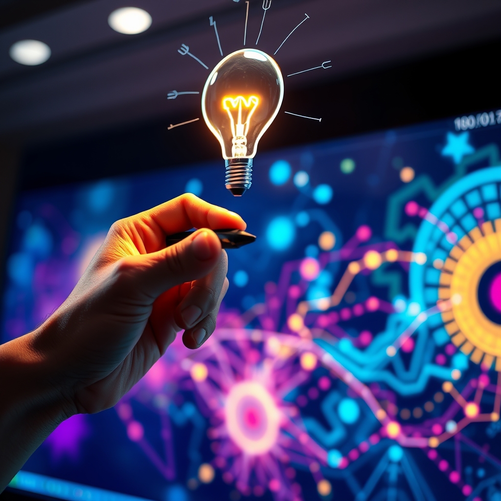 A person's hand sketching a lightbulb in the air with a digital stylus, with AI-generated vibrant patterns and colors flowing from the sketch into a screen.