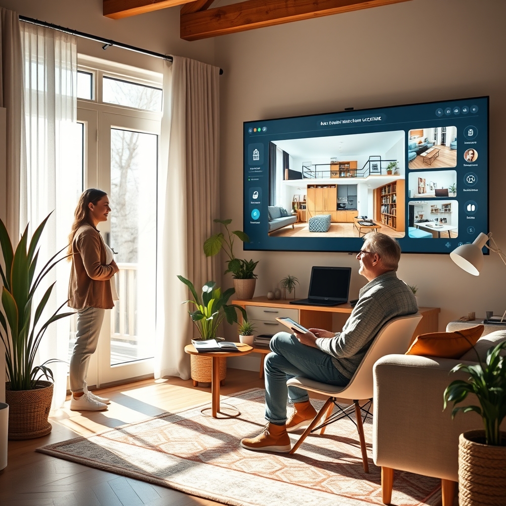 A cozy, sunlit home office where a designer is having a friendly conversation with a glowing AI interface on a large screen, showing beautiful interior design concepts.