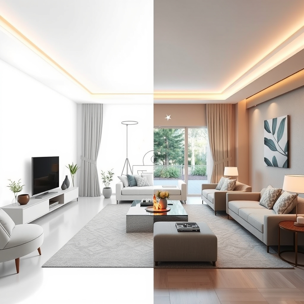 A split image showing a simple line drawing on the left transforming into a fully realized, stunning and personalized living room visualization on the right, with magical sparkles effect in between.