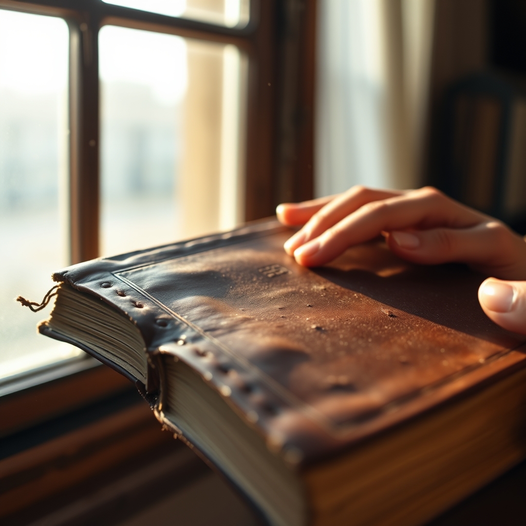 A close-up of hands gently holding an old, leather-bound book, with soft morning light filtering through a window and dust particles floating in the air.