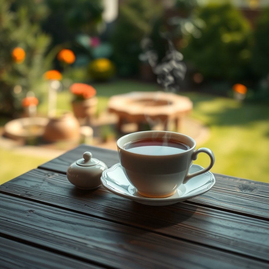 A serene scene of a cup of tea steaming on a wooden table, with a blurred garden in the background, evoking a sense of calm and lasting memory.