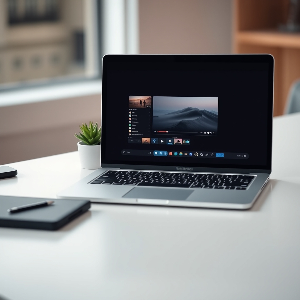 A minimalist desk with a sleek laptop showing a subtle, elegant video edit, a small potted plant, and soft focus lighting, representing modern brand storytelling.