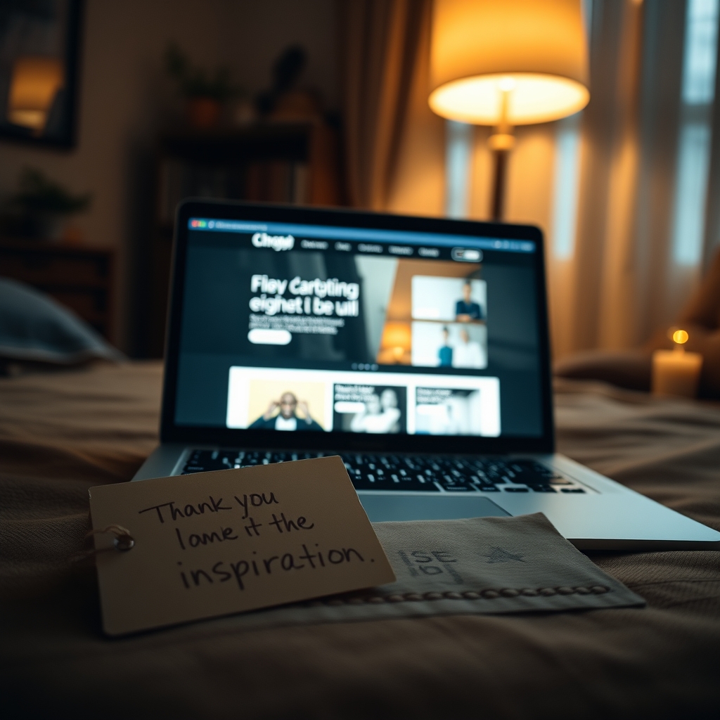A laptop screen glowing in a cozy, dimly lit room, showing a beautifully designed website. A handwritten note that reads 