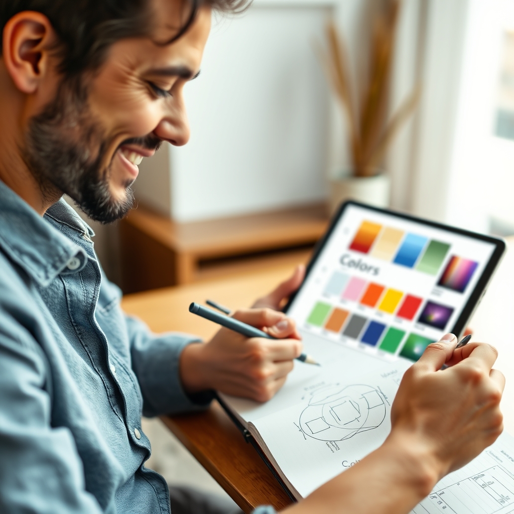 A person smiling while sketching ideas in a notebook, with our website open on a tablet in the background, showing a color palette section.