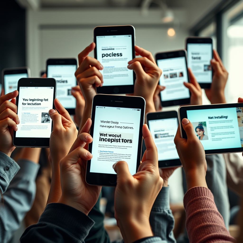 A collage of hands from different people holding up phones or tablets, each screen showing a different personal project or design they created, symbolizing shared inspiration.