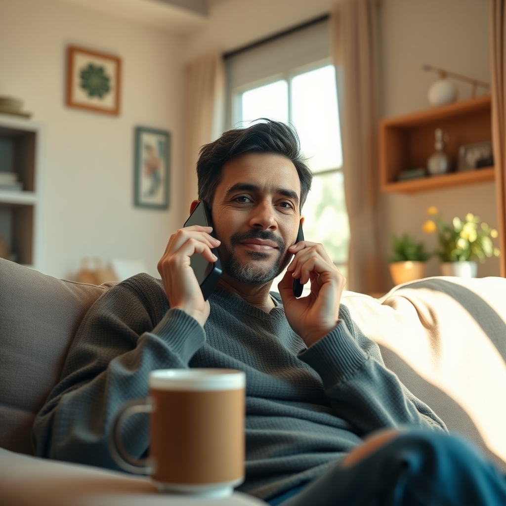 A person comfortably speaking into a smartphone in a cozy, sunlit home setting, with a cup of coffee nearby. The focus is on their genuine expression.