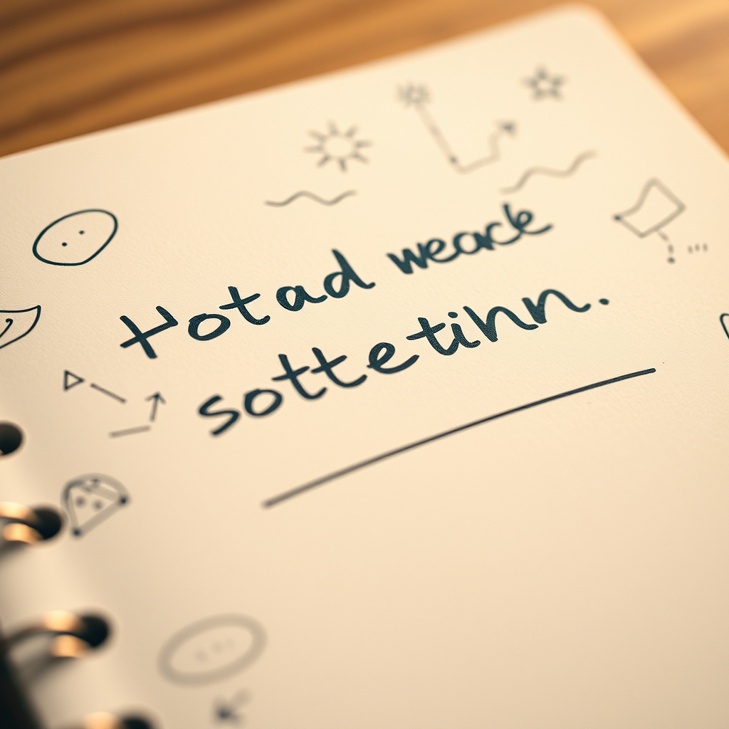 A close-up of a notebook with a single, powerful sentence written in large, clear letters, surrounded by simple doodles. The lighting is warm and focused.