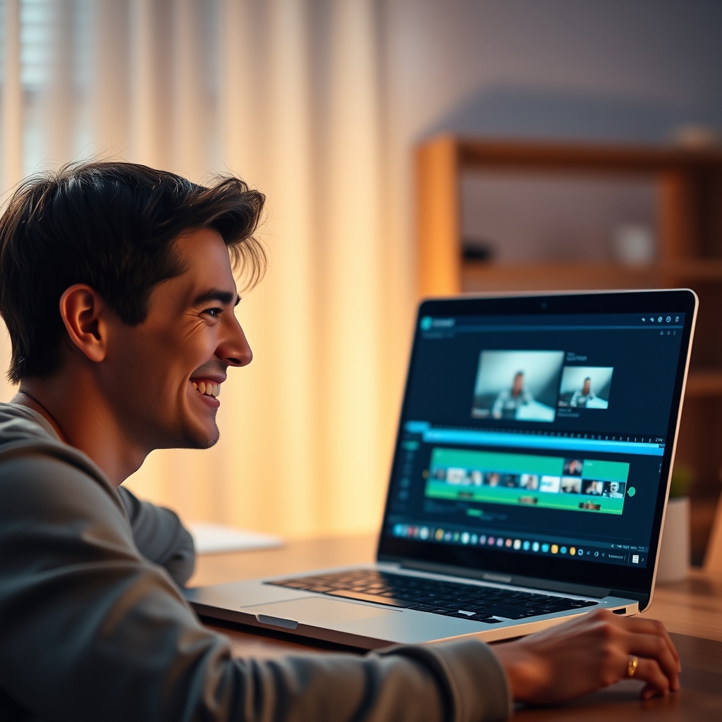 A person smiling while looking at a laptop screen, showing a simple video edit timeline. The atmosphere is relaxed and creative, with soft background lighting.