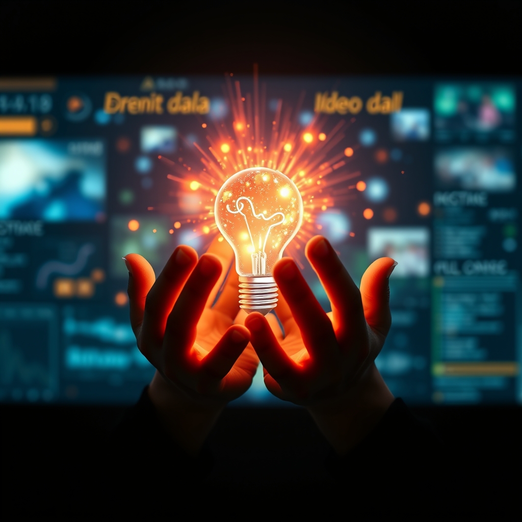 A person's hands gently holding a glowing, abstract idea that flows like light into a digital screen, creating vibrant video scenes.