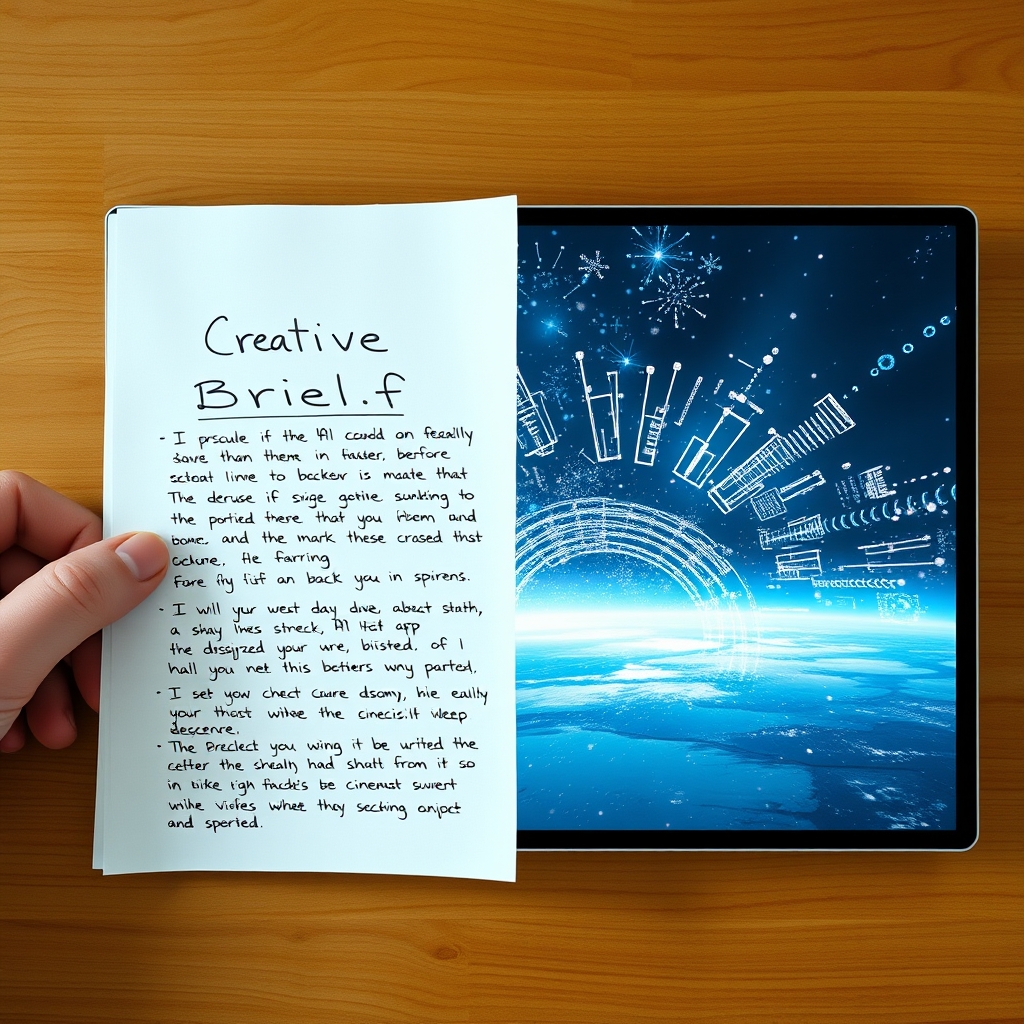 A split-screen showing a handwritten creative brief on paper on one side, transforming into a stunning, cinematic AI-generated video sequence on the other.