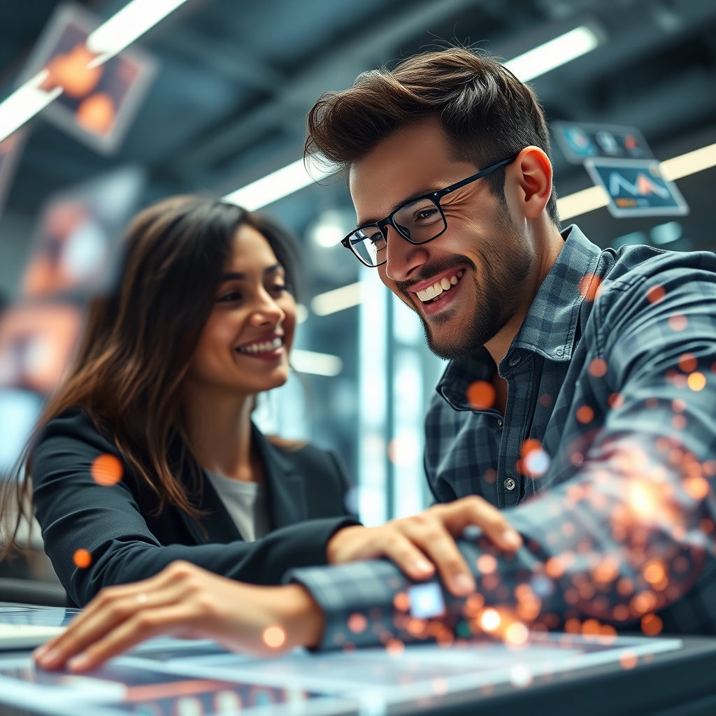 A creative professional smiling while interacting with a futuristic interface, with dynamic video elements blossoming around them in real-time.