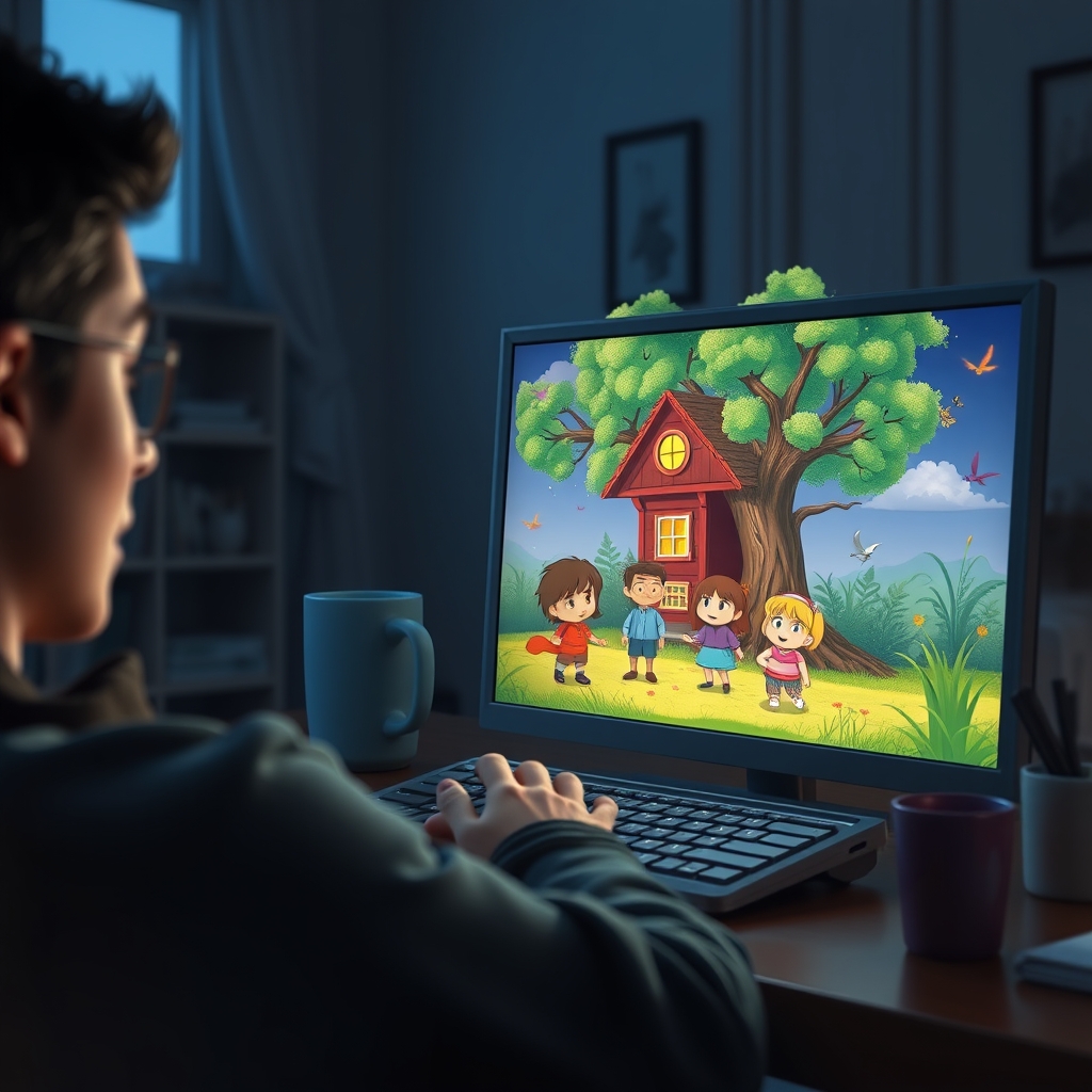 A person looking thoughtfully at a screen, where their typed words blossom into a vibrant, animated story scene with characters that mirror their emotions, in a cozy home office setting.