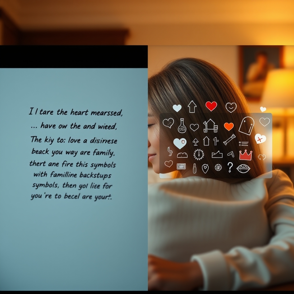 A split-screen image showing a heartfelt message on one side and on the other, an AI-generated video capturing the essence of the message with personalized symbols, a familiar backdrop, and a warm, nostalgic filter.